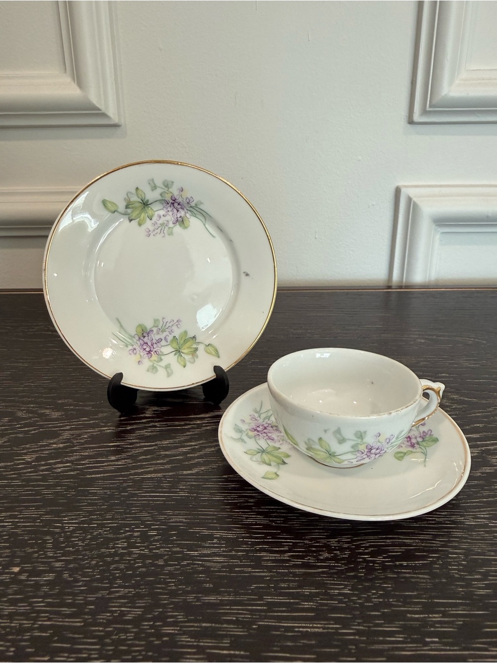 as is Germany Porcelain Cup Saucer & small Dish Set Purple Flowers